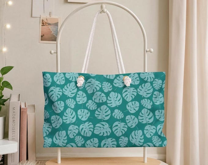 Monstera Palms Weekender Bag | Teal Palm Leaves Travel Tote