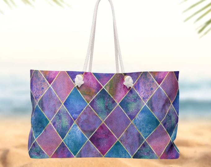 Diamond Harlequin Weekender Bag | Purple Blue Geometric Travel Tote