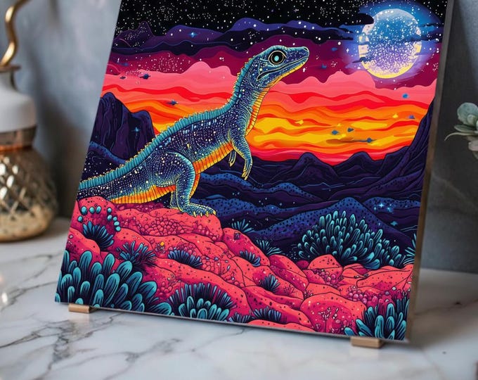 The Interstellar Dino Trek Acrylic Print | Neon Lizard Landscape French Cleat Hanging