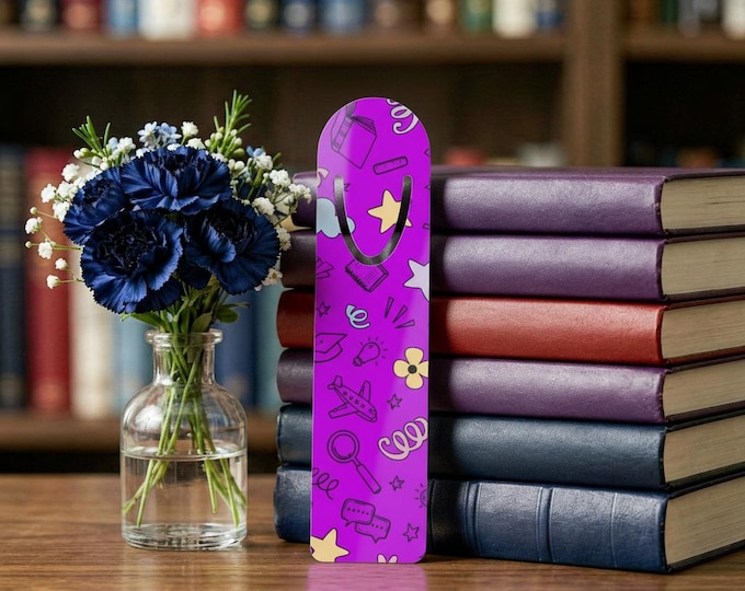 Purple Aluminum Bookmark | School Icons & Star Doodles