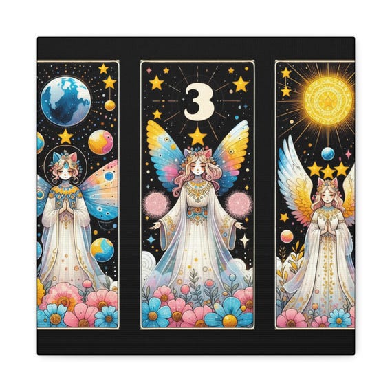 Celestial Cat Angel Canvas Art: Boho Dreamscape Wall Decor (14x14in