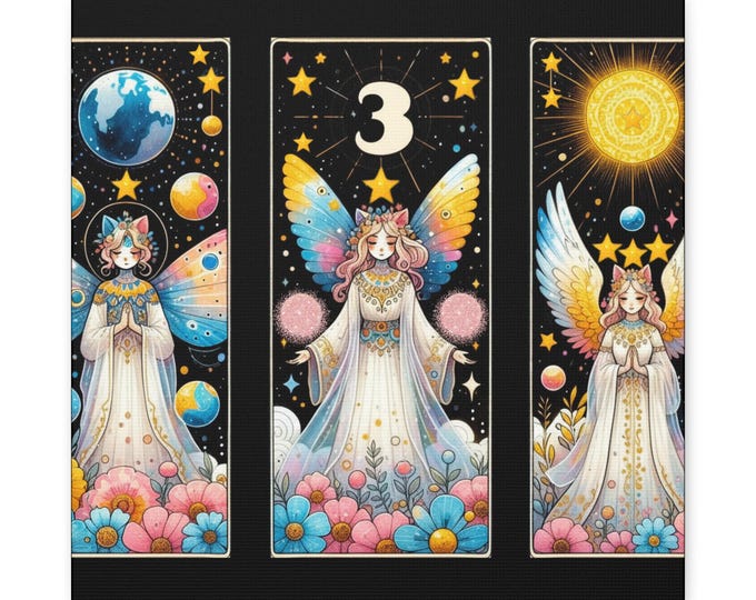 Celestial Cat Angel Canvas Art: Boho Dreamscape Wall Decor (14x14in