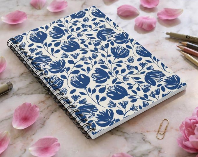 Blue Floral Pattern Spiral Notebook | Ruled Lines Diary