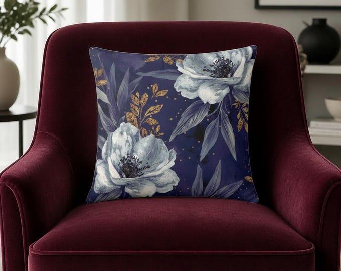 Navy Floral Peony Pillow | Square Throw Pillow, Gold Leaf Accent
