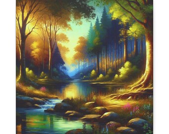 Sunkissed Reflections Matte Canvas Wall Artwork, Tranquil Forest Scenery, Sunlit Wilderness Canvas Decor