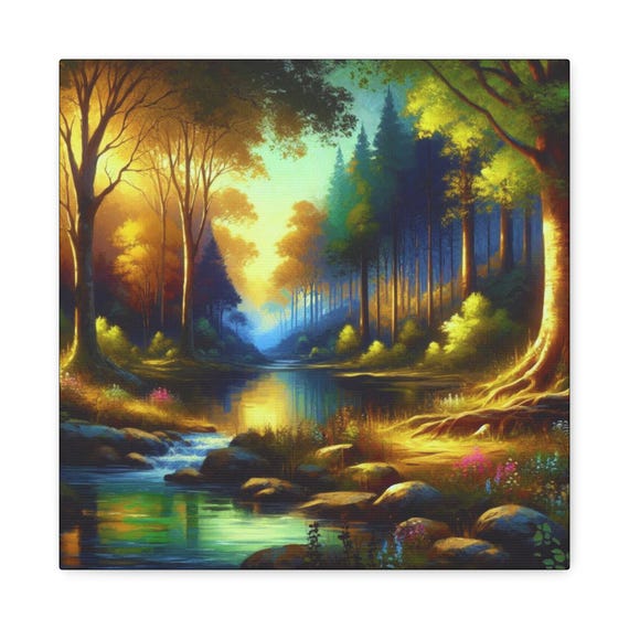Sunkissed Reflections Matte Canvas Wall Artwork, Tranquil Forest Scenery, Sunlit Wilderness Canvas Decor