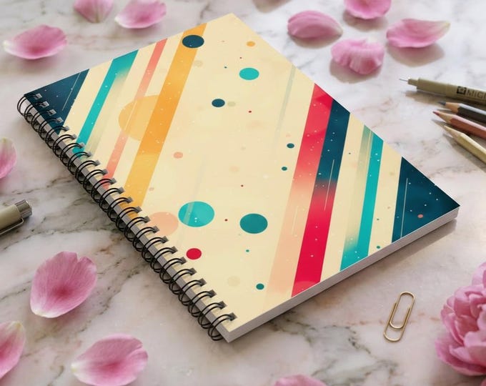 Retro Diagonal Stripes and Planets Spiral Notebook | Ruled Journal