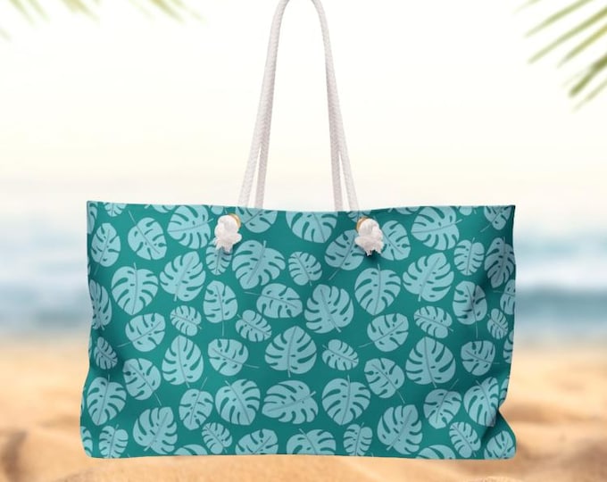 Monstera Palms Weekender Bag | Teal Palm Leaves Travel Tote