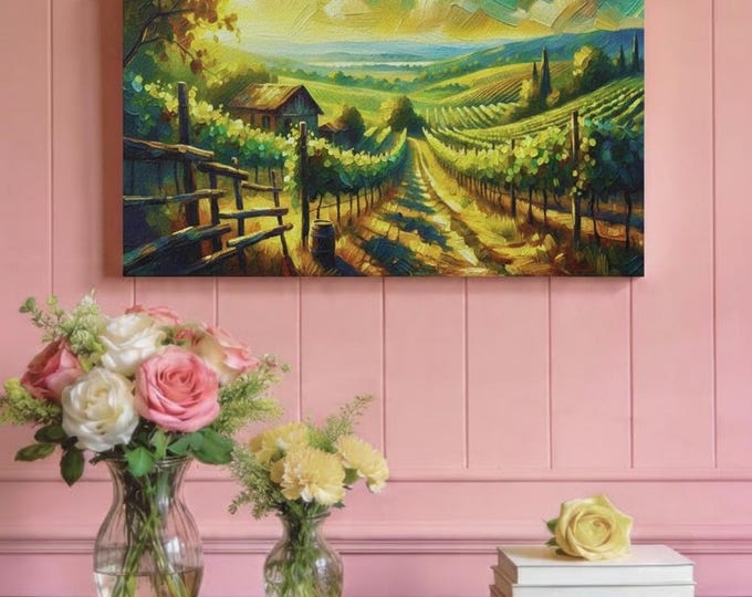 Vineyard Landscape Canvas Art: Italy Harvest Glow, Rustic Home Decor (30x15)