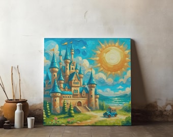 May include: A square canvas painting depicts a whimsical castle with blue turrets and a sunny sky. The artwork features a vibrant color palette of blues, yellows, and greens, with a small blue car on a path in the foreground. The painting is propped against a white wall.