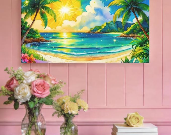 Tropical Beach Canvas Wall Art: Summer Vacation Home Decor (30x15)