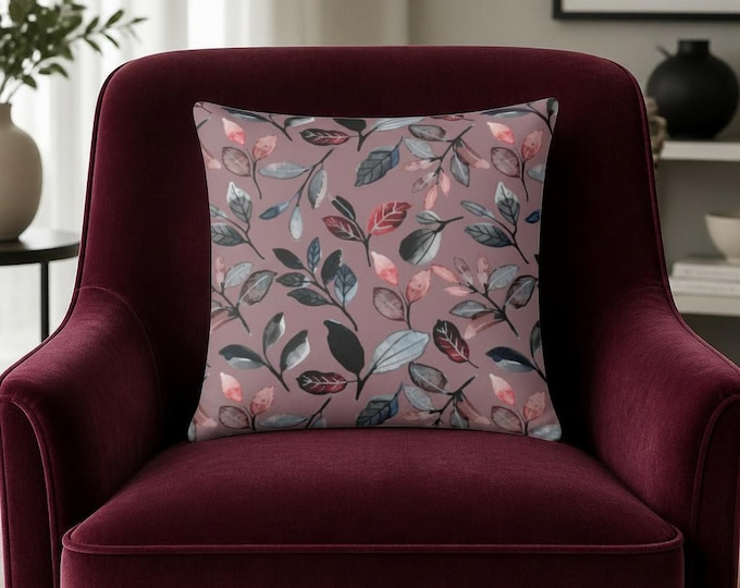 Watercolor Floral Leaves Pillow | Square Throw Pillow, Blush Mauve Botanical Decor