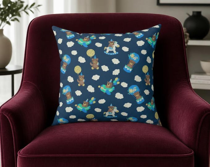 Flying Bear Pillow | Bears in Airplanes, Hot Air Balloons, Clouds (16x16)