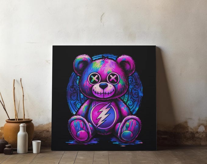 Purple Punk Plushie Canvas Art: Abstract Teddy Bear Portrait, Quirky Decor