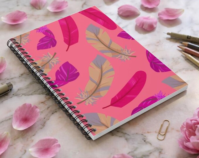 Feather Design Spiral Notebook: Boho Journal with Pocket