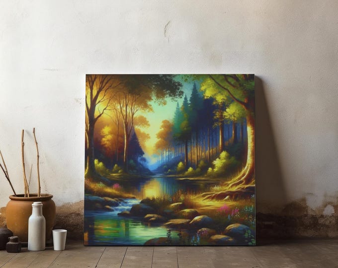 Sunkissed Reflections Matte Canvas Wall Artwork, Tranquil Forest Scenery, Sunlit Wilderness Canvas Decor