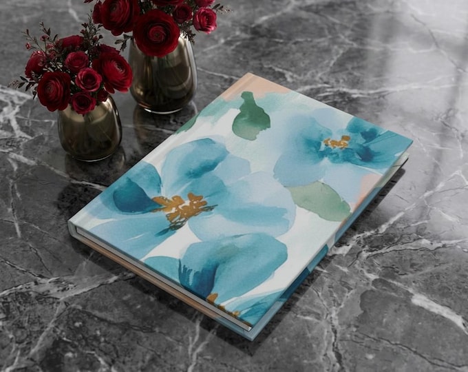 Blue Floral Watercolor Hardcover Journal | Matte Notebook, Floral Painting Cover