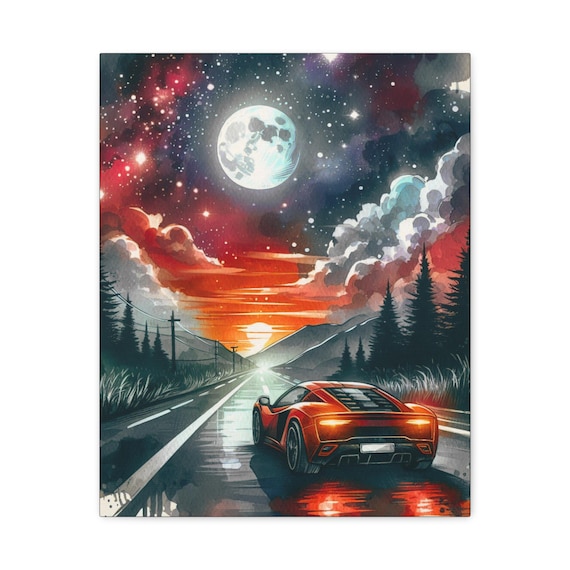 Fast Car Canvas Wall Art: Scenic Night Sky Home Decor