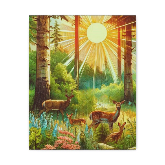 Deer Canvas Wall Art: Bohemian Rustic Forest Scene, 16x20