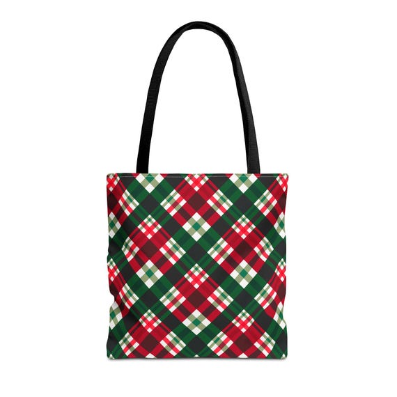 Festive Plaid Tote Bag: 16x16 Polyester Reusable Grocery Bag
