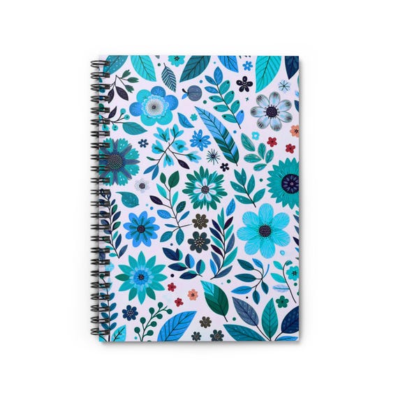 Floral Spiral Notebook: Pretty Blue Journal, Ruled Lines
