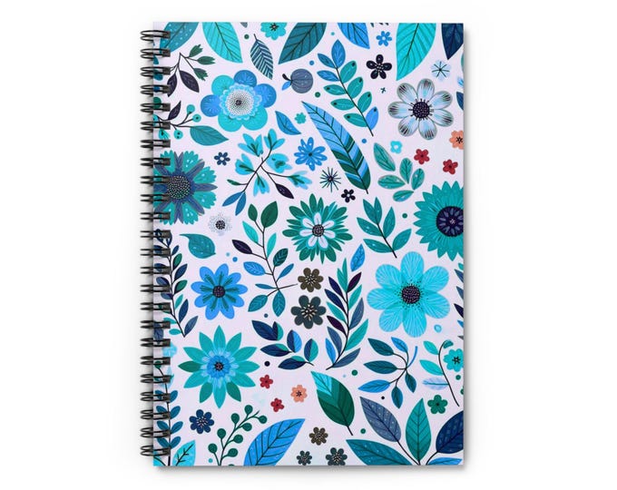 Floral Spiral Notebook: Pretty Blue Journal, Ruled Lines