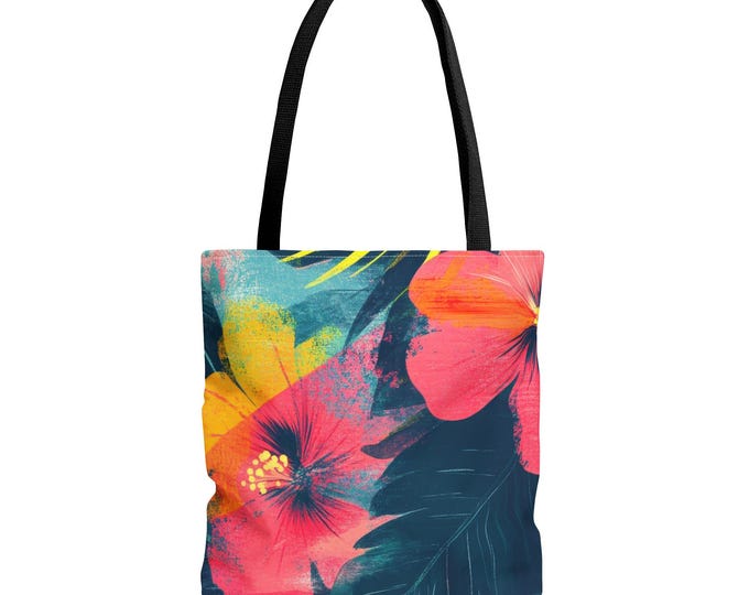 Neon Hibiscus Floral Tote Bag | Tropical Flower Beach Print