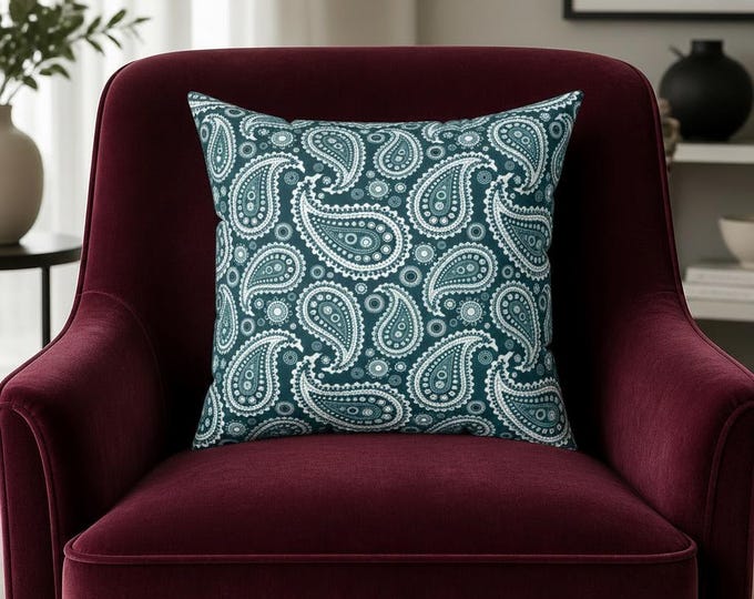 Teal Paisley Pattern Pillow | Square Decorative Throw Pillow
