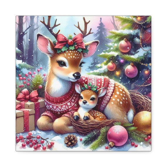 Festive Deer Canvas Wall Art: Holiday Decoration (14x14)
