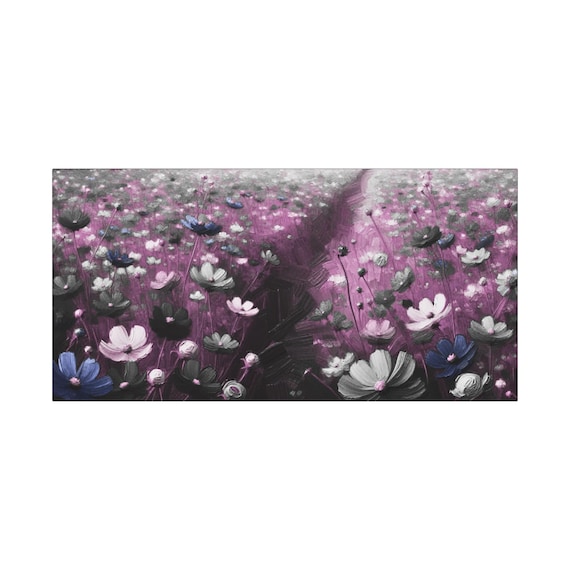 Ethereal Flower Field Canvas Art: Misty Purple Dreamscape