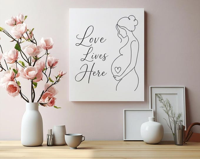 Love Lives Here Matte Wall Canvas | Maternity Silhouette Simple Home Accent