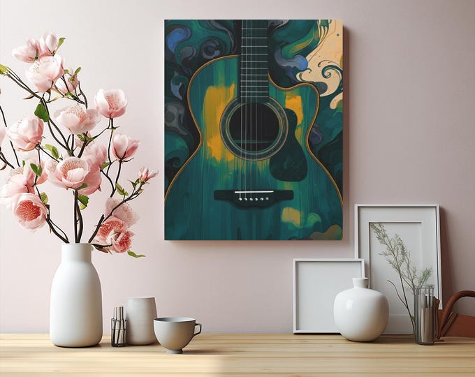 Teal Acoustic Guitar Canvas Art: Bohemian Home Decor, Music Lover Gift