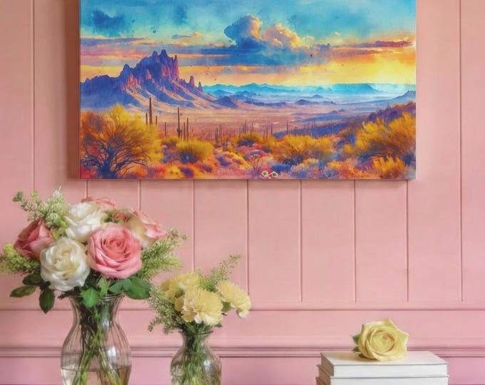 Cactus Choir Desert Canvas Wall Art: Bohemian Landscape Decor (30x15)