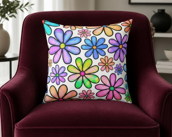 Colorful Doodle Flowers Pillow | Square Throw Pillow, Bright Floral Pattern