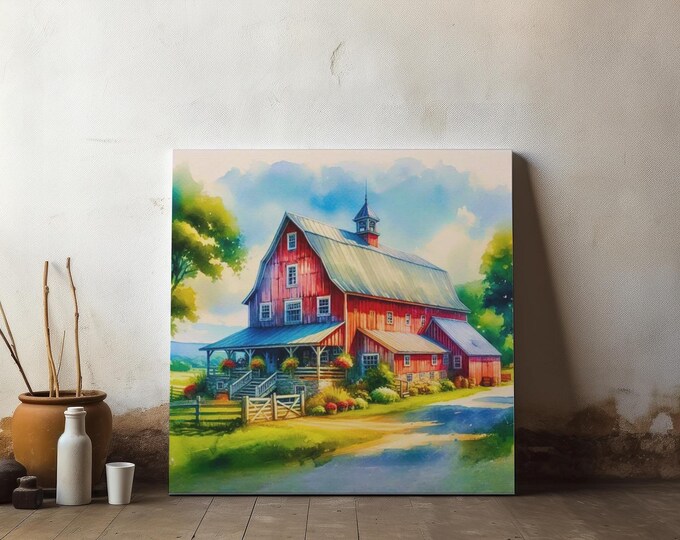 Country Barn Matte Canvas Wall Artwork, Country Landscape Home Decor, 14x14