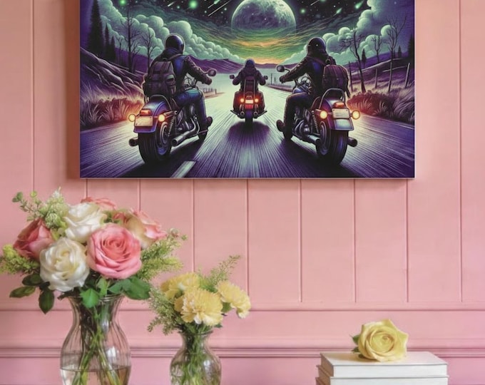Motorcycle Canvas Art: Cosmic Biker Road Trip Decor (30x15)