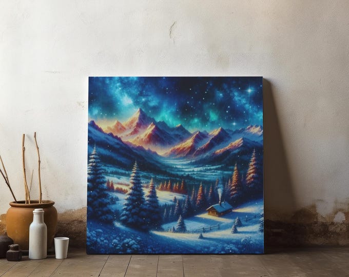 Winter Cabin Canvas Art: Nature-Inspired Landscape (14x14)