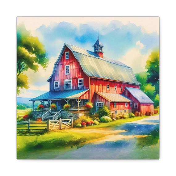 Country Barn Matte Canvas Wall Artwork, Country Landscape Home Decor, 14x14