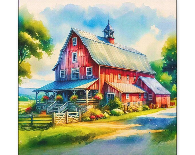 Country Barn Matte Canvas Wall Artwork, Country Landscape Home Decor, 14x14