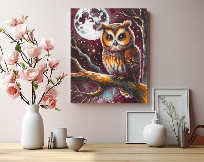 Owl Moon Canvas Art: Whimsical Nature Accent (16x20)