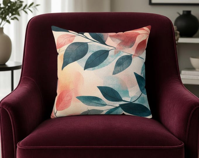 Watercolor Leaf Pattern Pillow | Botanical Throw Pillow, Square Polyester Cushion