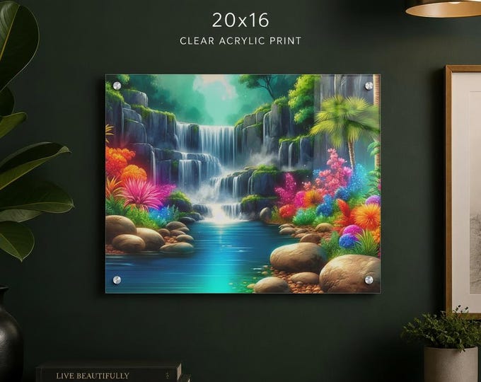 Tropical Waterfall Landscape Acrylic Print | French Cleat Hanging