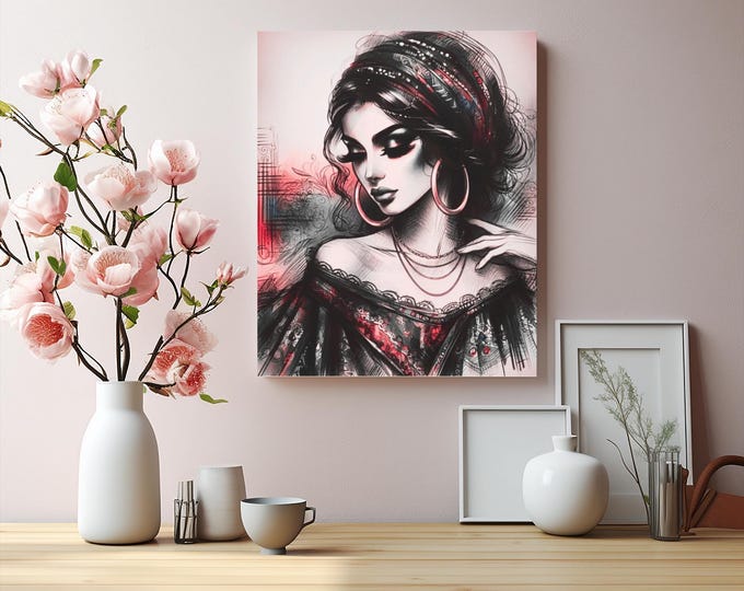 Gypsy Scarlett Blaze Modern Canvas Decor | Eccentric Female Portrait
