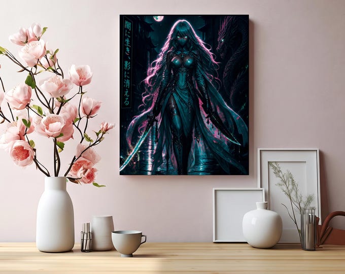 Pink Venom Matte Canvas Artwork | Neon Samurai Sorceress Gamer Decor