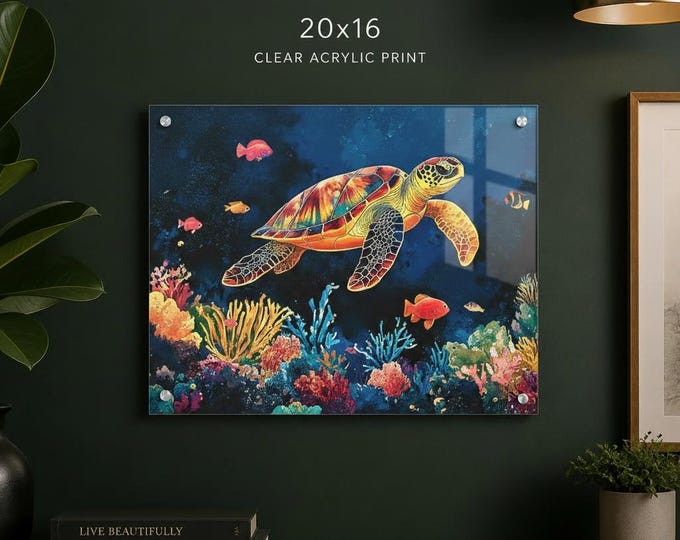 Sea Turtle Coral Acrylic Print | French Cleat Wall Accent
