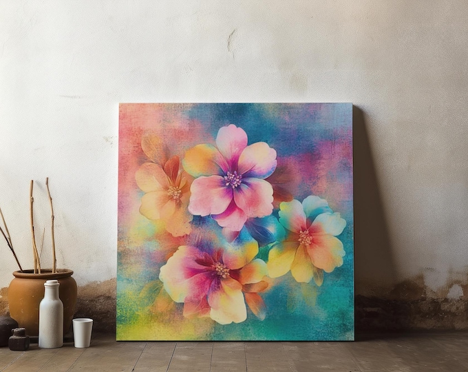 Rainbow Floral Canvas Wall Accent | Abstract Home Decor 14x14