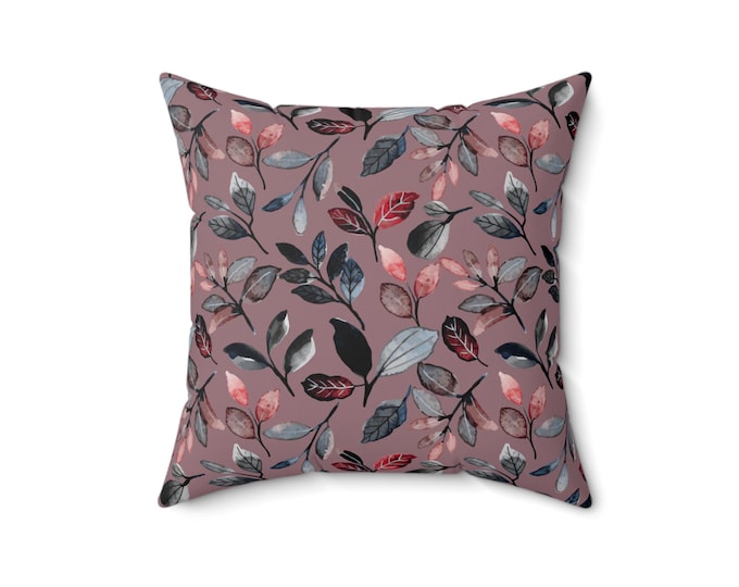 Watercolor Floral Leaves Pillow | Square Throw Pillow, Blush Mauve Botanical Decor