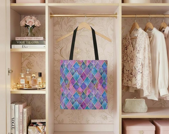 Watercolor Diamond Harlequin Tote Bag | Purple Blue Pink Geometric