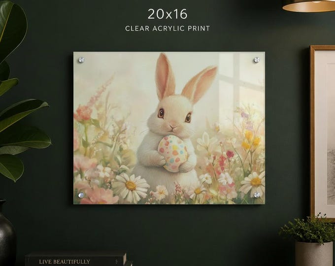 Easter Bunny Acrylic Print | Floral Meadow, Painted Egg (20x16in Wall Art)