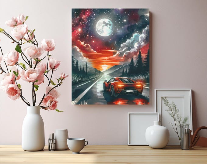Fast Car Canvas Wall Art: Scenic Night Sky Home Decor